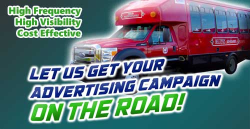 High frequency, High visibility, Cost effective. Let us get your advertising campain on the road. Red Carts bus in background of image.