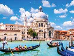 Italy river scene with old buildings and boats touring