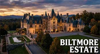 Biltmore Estate at dusk with pool, mountains, and partly cloudy sky